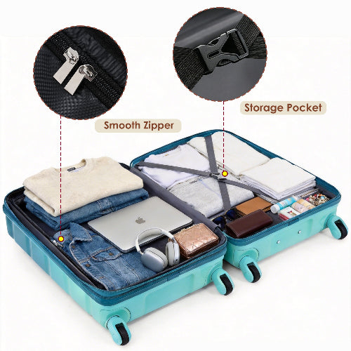 Open suitcase with items packed, highlighting smooth zipper and storage pocket features.