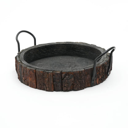 Angled view of Cenecharl Mango Wood Decor and Serving Tray highlighting natural bark texture and durable black metal handles.