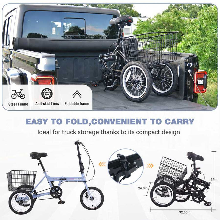 Folding Tricycle for Adults, 14 Inch 3 Wheel Bikes for Adult