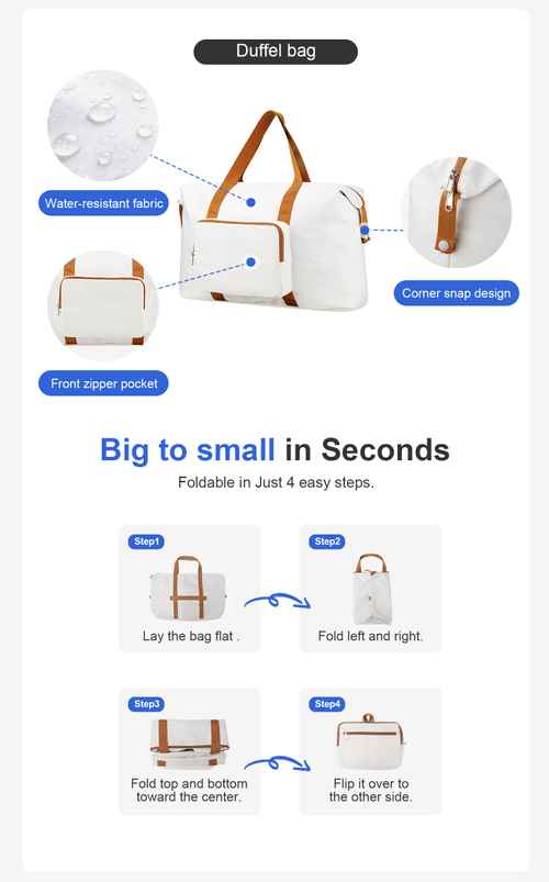 Water-resistant white duffel bag with front zipper pocket, corner snap design, and durable fabric for travel use.