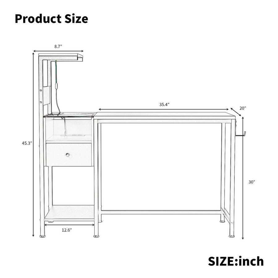 Technical drawing of black computer desk with dimensions, showing power outlet, USB ports, and reversible shelf configuration.