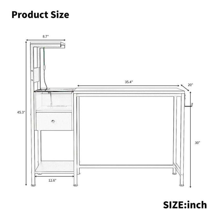 Technical drawing of black computer desk with dimensions, showing power outlet, USB ports, and reversible shelf configuration.