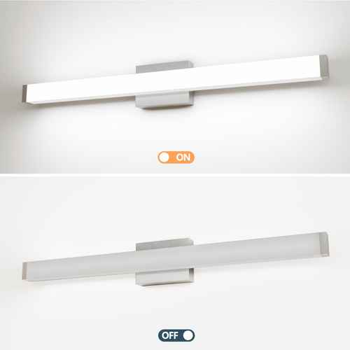 A modern linear wall light fixture shown in two states: illuminated at the top with an orange &