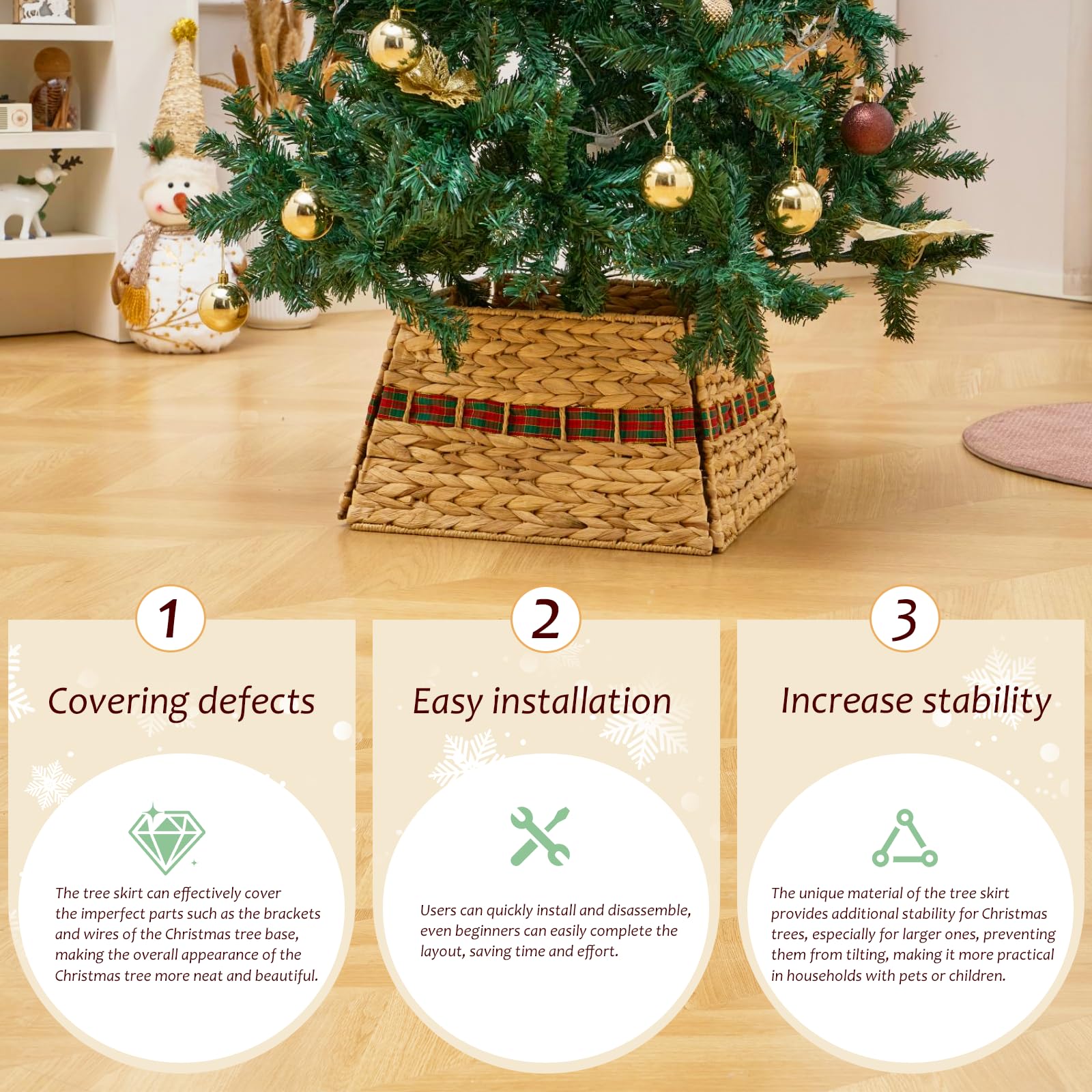 Woven Christmas tree skirt shown under a tree with icons highlighting its defect-covering, easy installation, and added stability features.