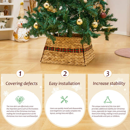 Woven Christmas tree skirt shown under a tree with icons highlighting its defect-covering, easy installation, and added stability features.