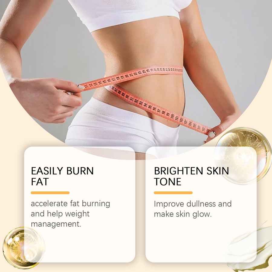 Person measuring waist with text about fat burning and skin tone improvement on a gradient background