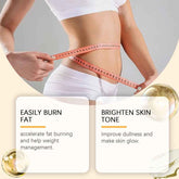 Person measuring waist with text about fat burning and skin tone improvement on a gradient background