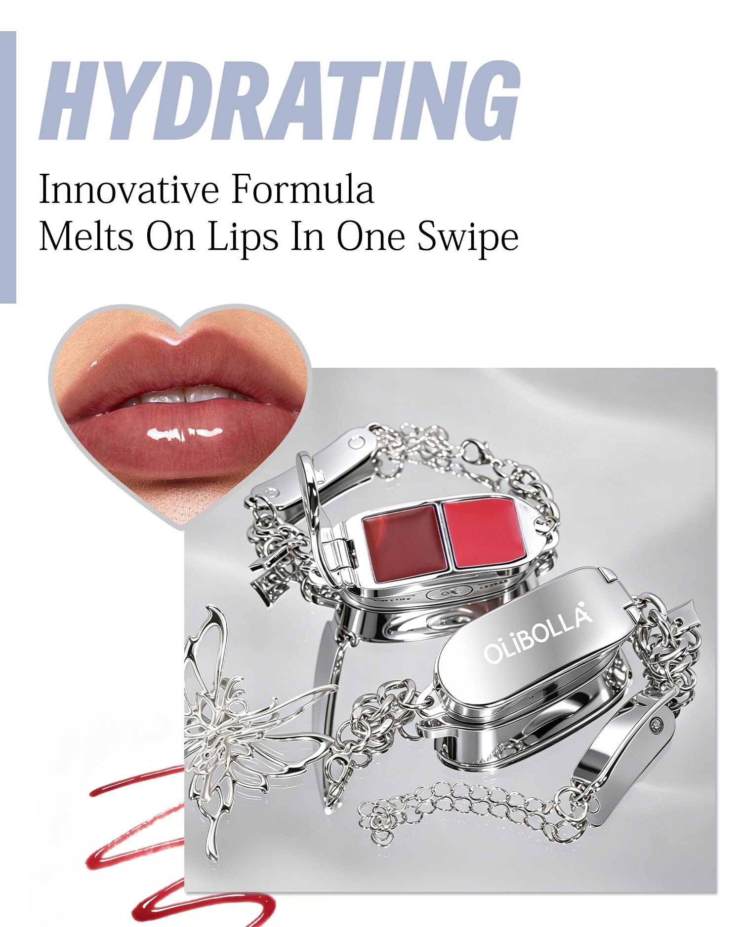 Olibolla hydrating lip balm in a silver chain case with a red heart-shaped window, shown with text and a heart-shaped lip gloss close-up on a white background.