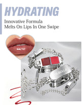 Olibolla hydrating lip balm in a silver chain case with a red heart-shaped window, shown with text and a heart-shaped lip gloss close-up on a white background.