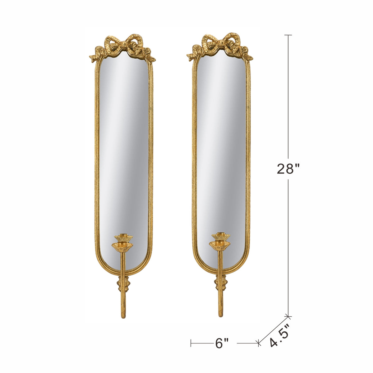 A pair of ornate gold-framed wall mirrors with bow details at the top and candlestick-style holders at the bottom, shown on a white background with dimension lines indicating 28 inches tall, 6 inches wide, and 4.5 inches deep.