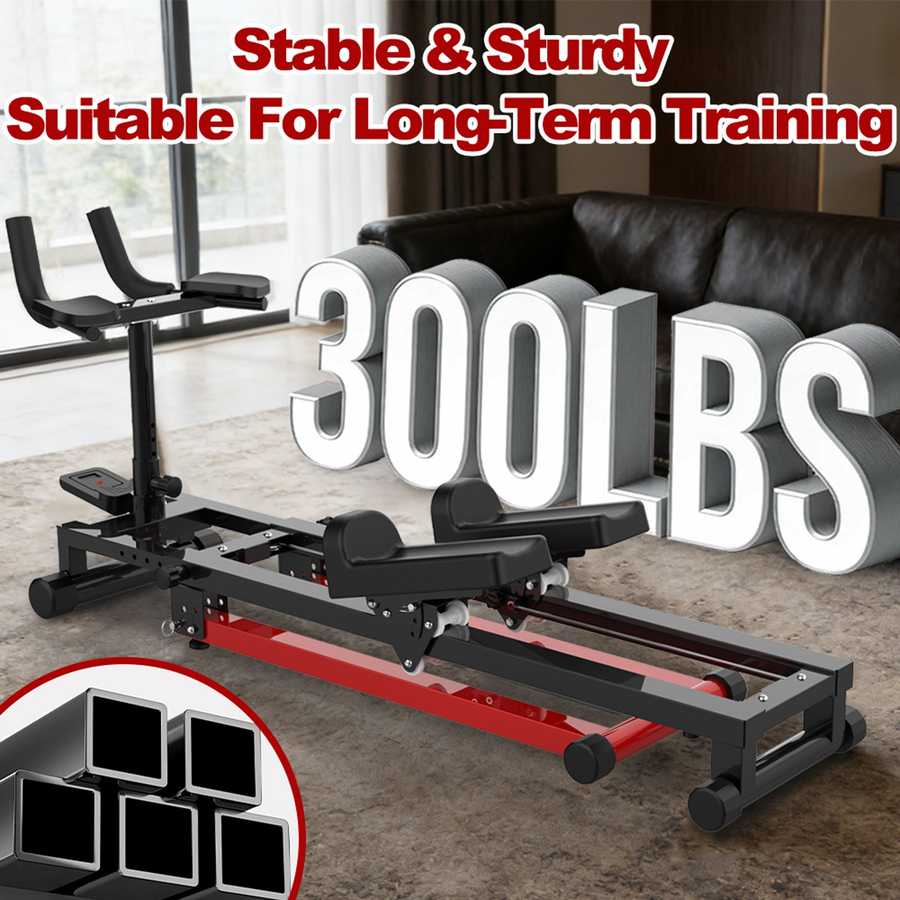 Gym rowing machine with text highlighting weight capacity and suitability for long-term training.