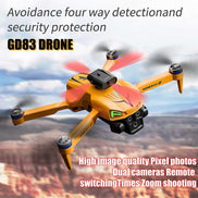 Yellow drone with text highlighting features against a scenic background
