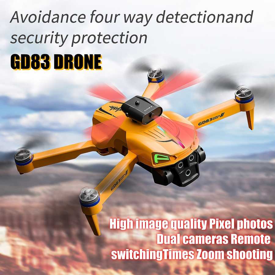 Yellow drone with text highlighting features against a scenic background
