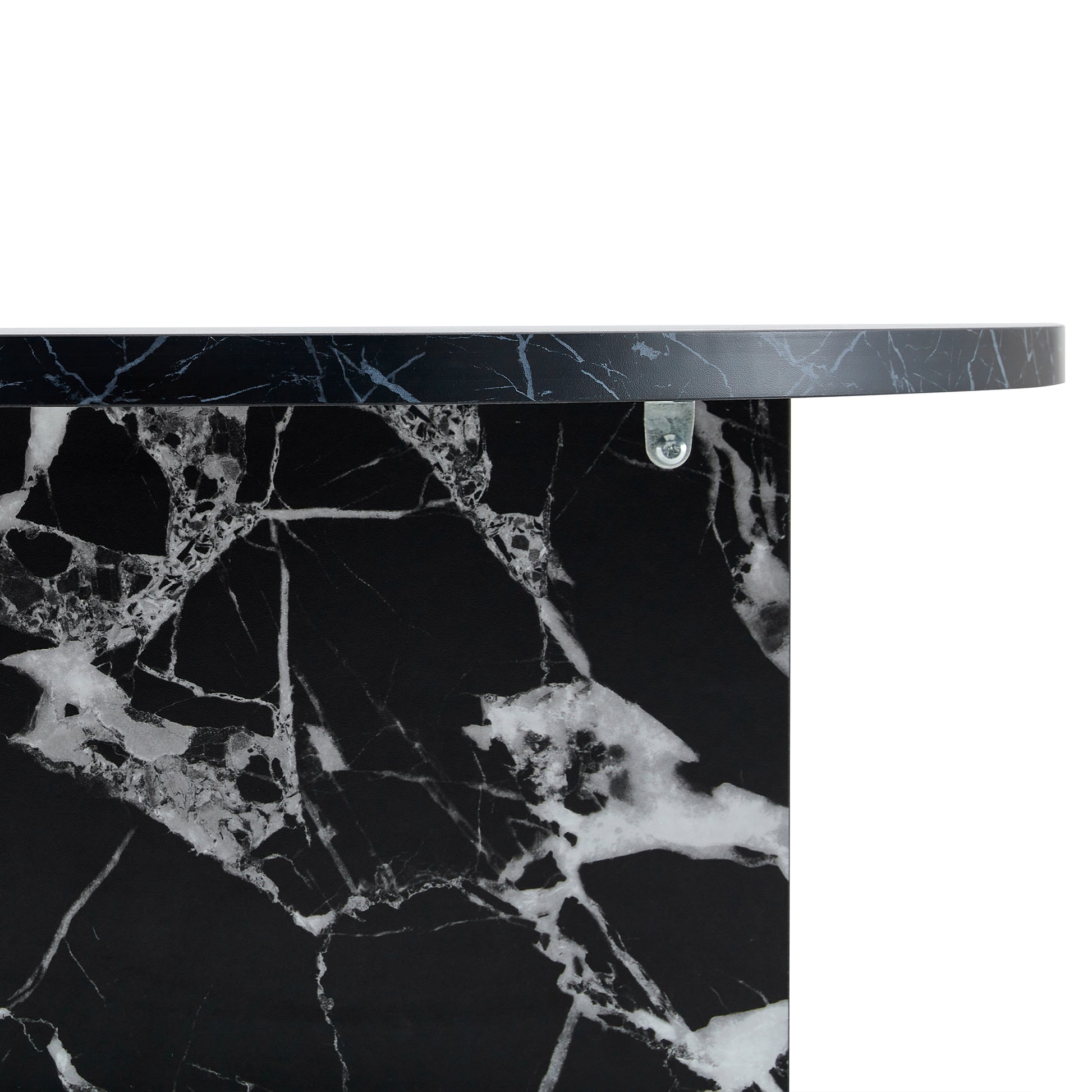 Side profile of black MDF round coffee table with modern minimalism, highlighting the thickness and marble effect of the tabletop.