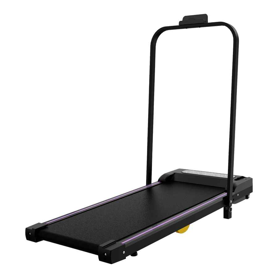 Side view of the compact black treadmill with running belt and adjustable height, ideal for home office workouts