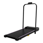 Side view of the compact black treadmill with running belt and adjustable height, ideal for home office workouts