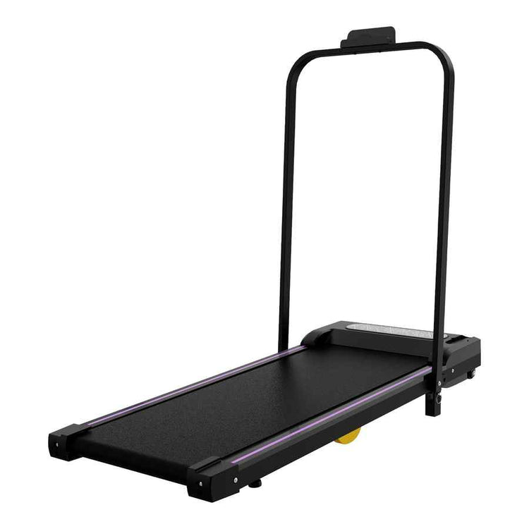 Side view of the compact black treadmill with running belt and adjustable height, ideal for home office workouts