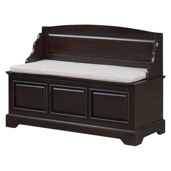 A dark brown wooden storage bench with a light beige upholstered cushion, shown against a plain white background.