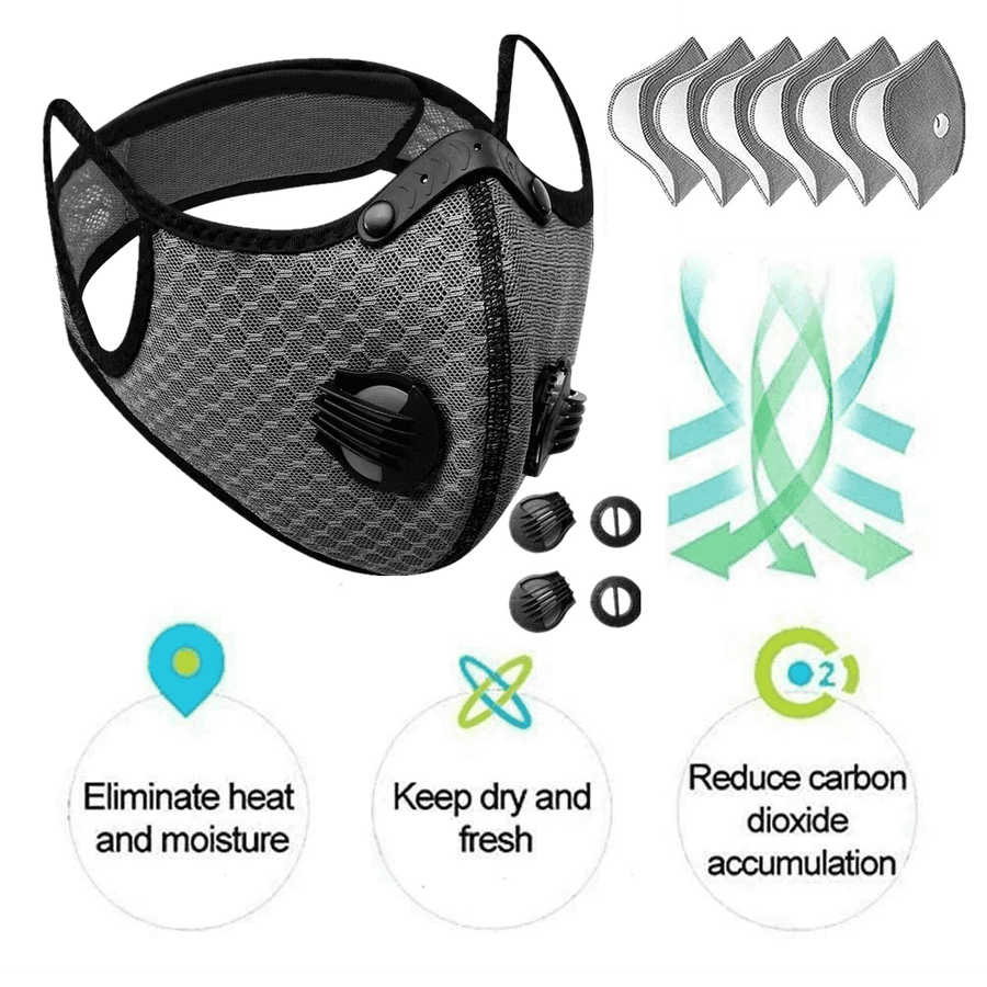 Black face mask with filter cartridges and features on a white background