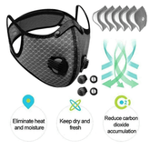 Black face mask with filter cartridges and features on a white background