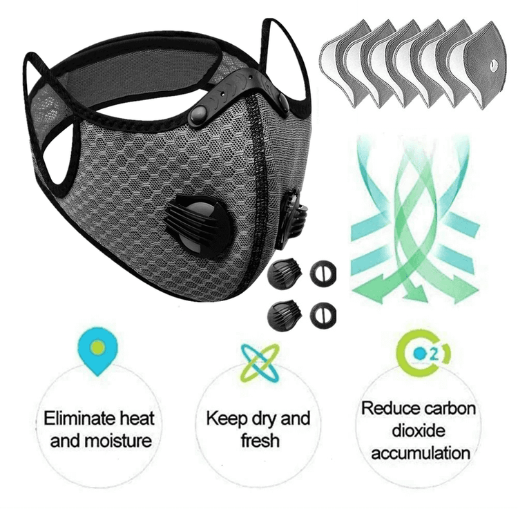 Black face mask with filter cartridges and features on a white background