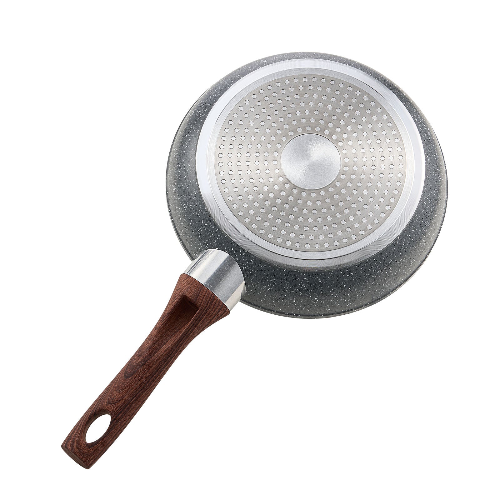 Underside of nonstick frying pan with heat-resistant base and wood-style handle from aluminum skillet set.