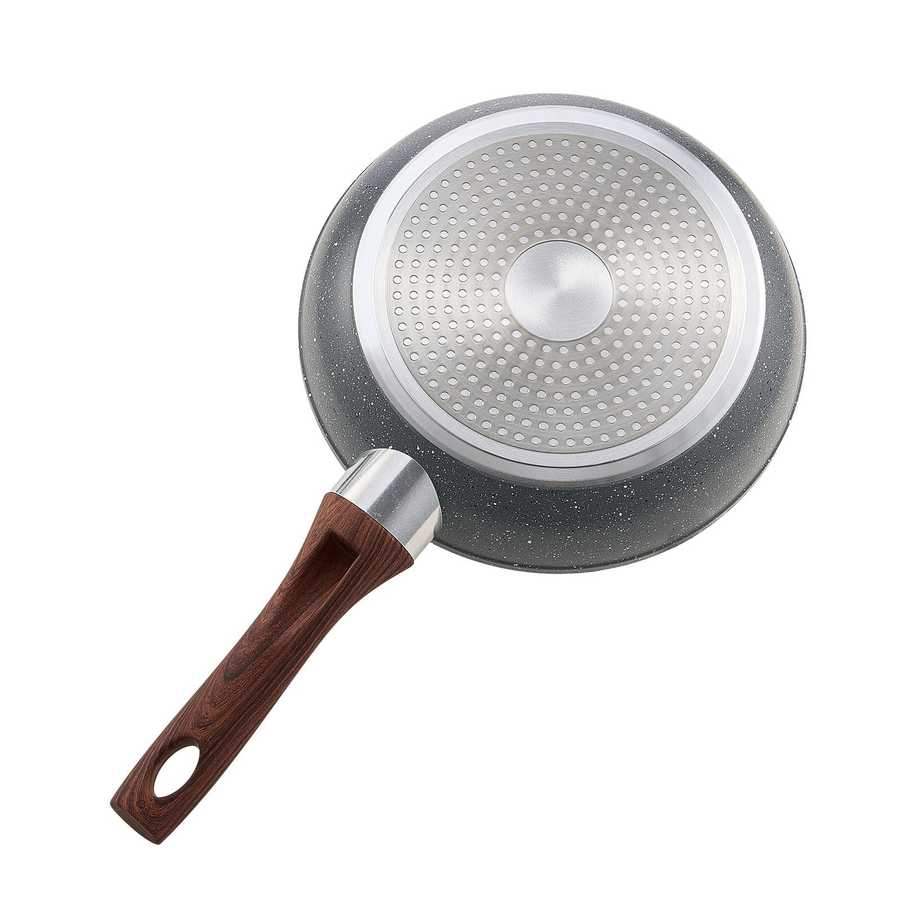 Underside of nonstick frying pan with heat-resistant base and wood-style handle from aluminum skillet set.