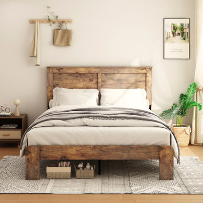 Wood platform bed frame full size with rustic headboard, white bedding, and under-bed storage baskets in a cozy bedroom setting.