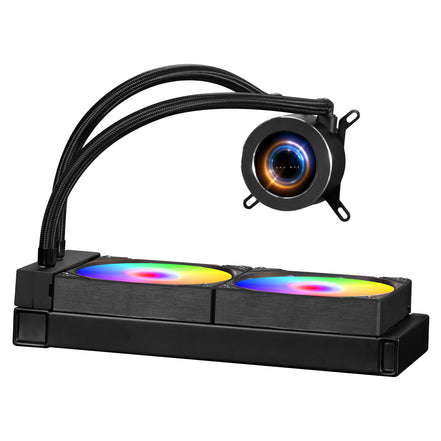 Computer cooling system with RGB lighting on a white background