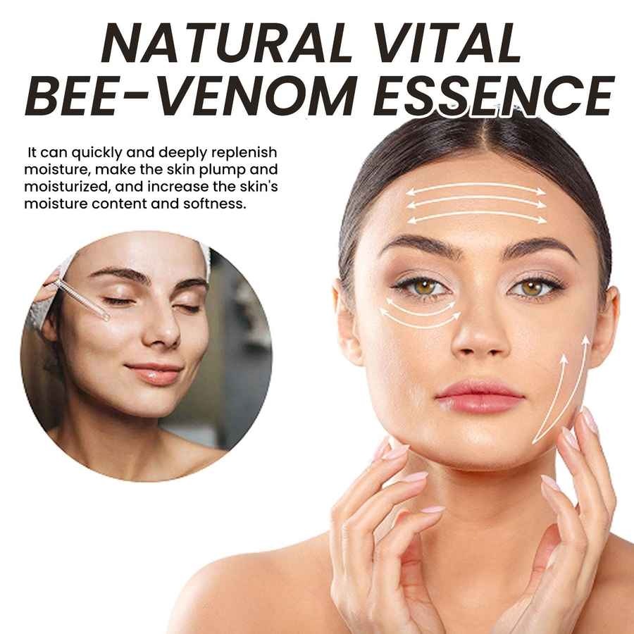 Advertisement for Natural Vital Bee-Venom Essence with a woman applying the product to her face.