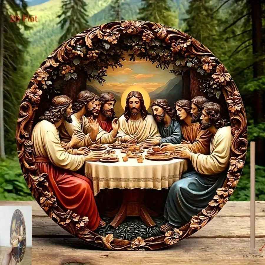 A large circular carved wooden plaque depicting the Last Supper, featuring an ornate floral frame and a detailed scene of Jesus and his disciples at a table, set against a forest background.