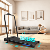 Foldable home treadmill with 2.5 HP motor, incline feature, handlebar, measuring 44 inches by 22 inches, black color, in a modern living room