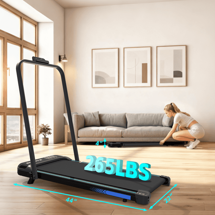 Foldable home treadmill with 2.5 HP motor, incline feature, handlebar, measuring 44 inches by 22 inches, black color, in a modern living room