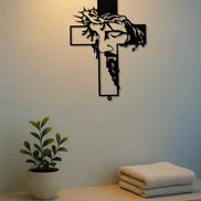 Metal Cross Wall Art Decor featuring Jesus silhouette mounted in a modern bathroom. Durable iron design ideal for indoor wall decor.
