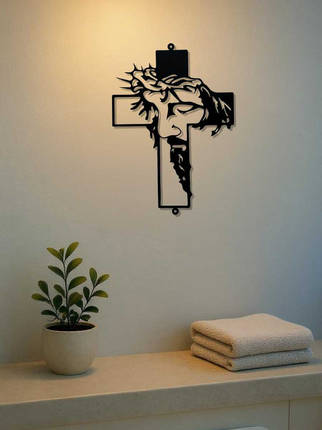 Metal Cross Wall Art Decor featuring Jesus silhouette mounted in a modern bathroom. Durable iron design ideal for indoor wall decor.