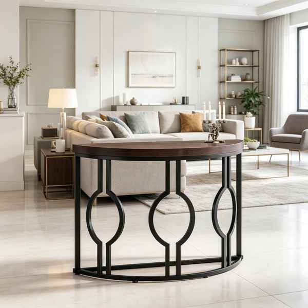A round console table with a dark wood top and a black metal frame featuring interlocking circular cutouts, shown in a modern, bright living room setting.