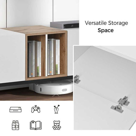 Versatile storage space in modern white TV console with drop-down doors and oak shelving, ideal for books, games, and decor.