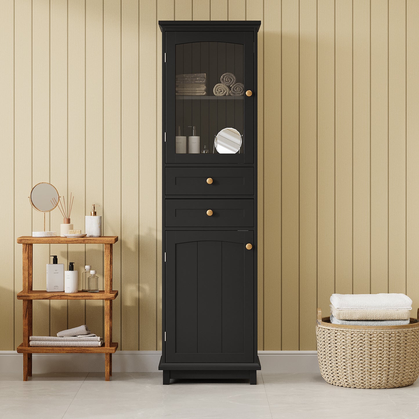 63" Tall Bathroom Storage Cabinet with Glass Doors, Free-Standing, Two Drawers, and Adjustable Shelves, MDF Board, Painted Black