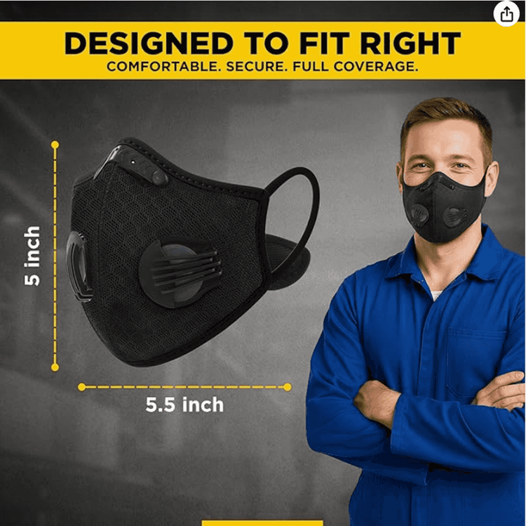 Black face mask with measurements and a person wearing it on a gray background