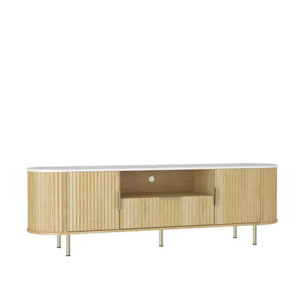 Side view of LED TV Stand with Storage for 55+ Inch TVs, featuring clean lines, ribbed MDF doors, and central open shelf.