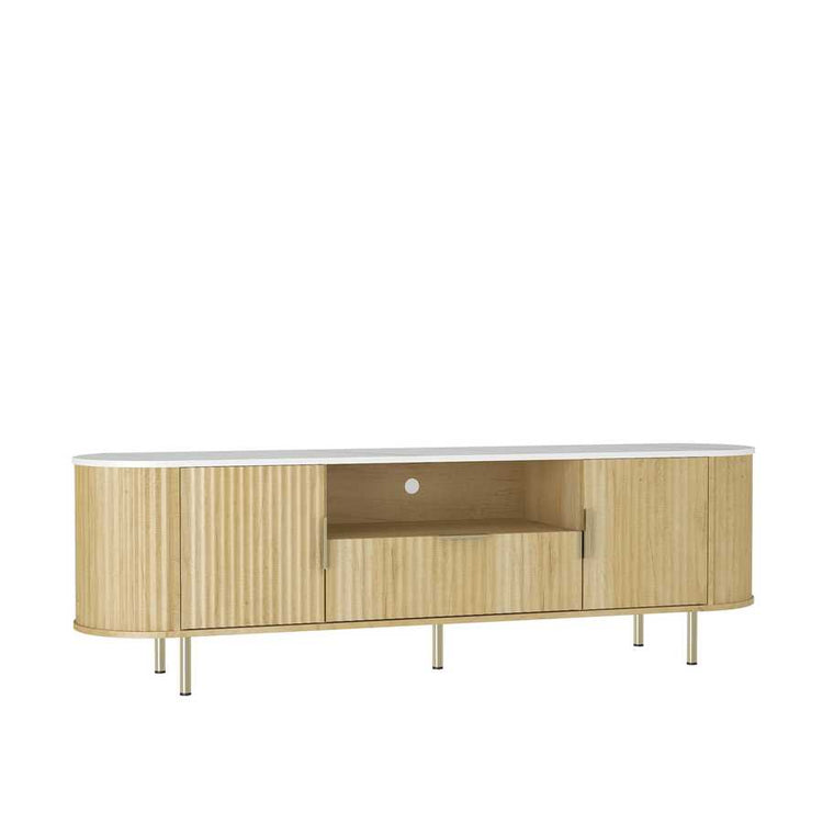 Side view of LED TV Stand with Storage for 55+ Inch TVs, featuring clean lines, ribbed MDF doors, and central open shelf.