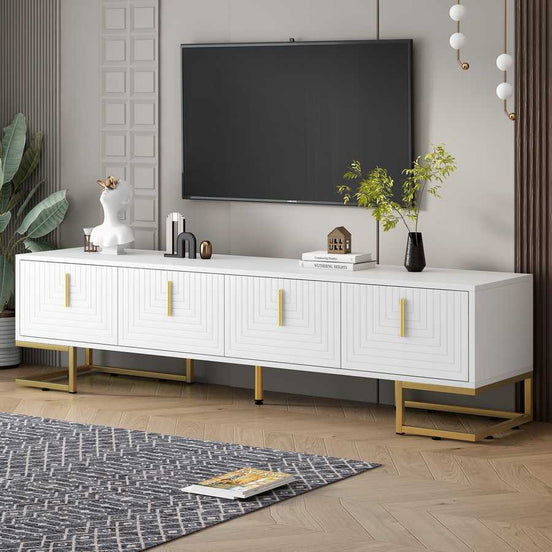 Modern TV stand for large TVs up to 80'' in white and gold with geometric doors and gold legs, perfect for stylish living rooms.