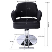 Salon Styling Chair for Hair Stylist with detailed dimensions, featuring cushioned seat, armrests, and chrome hydraulic base.