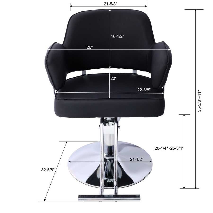 Salon Styling Chair for Hair Stylist with detailed dimensions, featuring cushioned seat, armrests, and chrome hydraulic base.