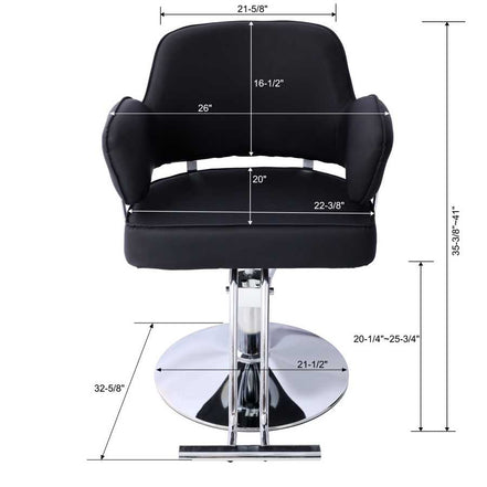 Salon Styling Chair for Hair Stylist with detailed dimensions, featuring cushioned seat, armrests, and chrome hydraulic base.