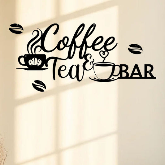 Vintage Metal Coffee Bar Sign with coffee and tea cup design, ideal wall hanging decor for kitchen or cafe accent walls.
