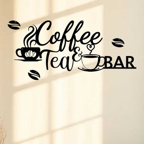 Vintage Metal Coffee Bar Sign with coffee and tea cup design, ideal wall hanging decor for kitchen or cafe accent walls.