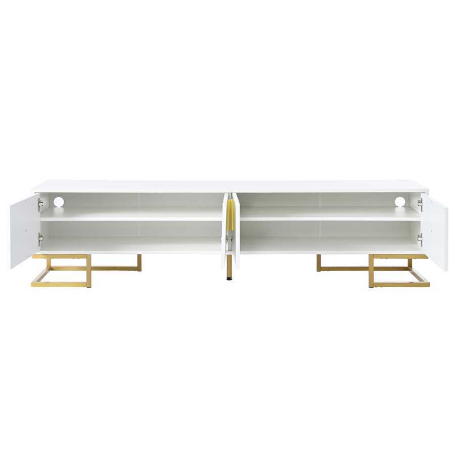 Open view of entertainment center showing interior shelves and cable holes, designed for efficient media storage and connectivity.
