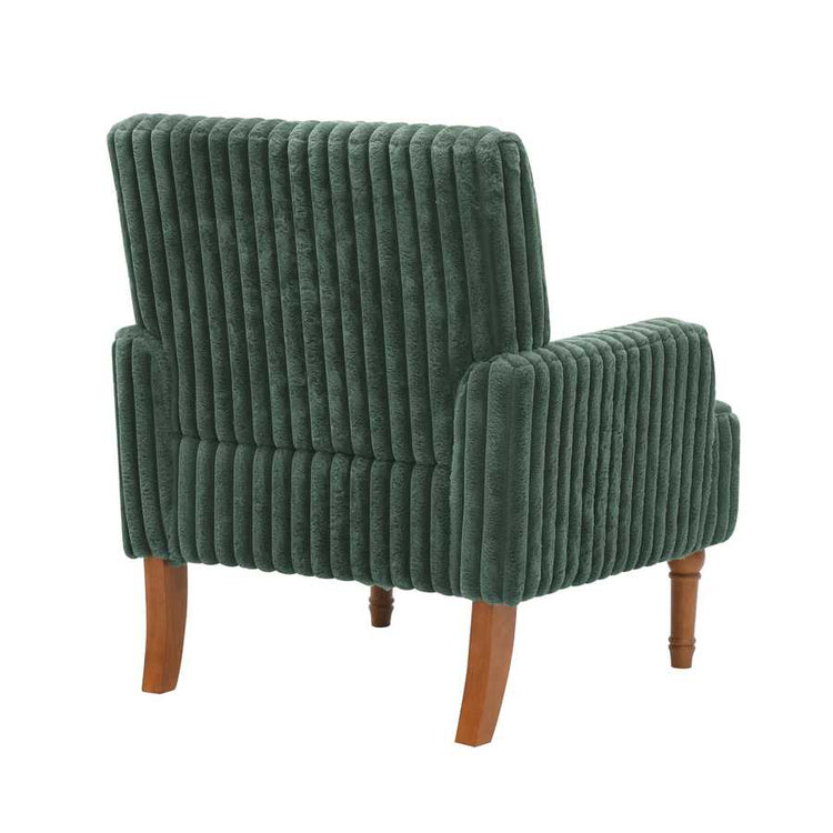 Green ribbed armchair with wooden legs on a white background