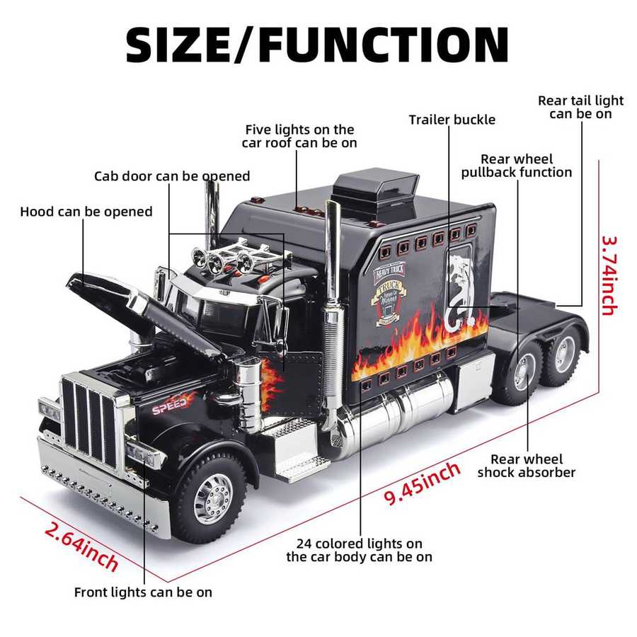 Model truck with features and measurements labeled on a white background